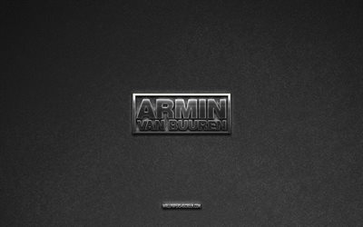 Armin van Buuren logo, music brands, gray stone background, Armin van Buuren emblem, music logos, Armin van Buuren, music signs, Armin van Buuren metal logo, stone texture