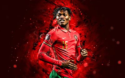 Rafael Leao, 4k, red neon lights, Portugal National Football Team, soccer, footballers, red abstract background, Portuguese football team, Rafael Leao 4K