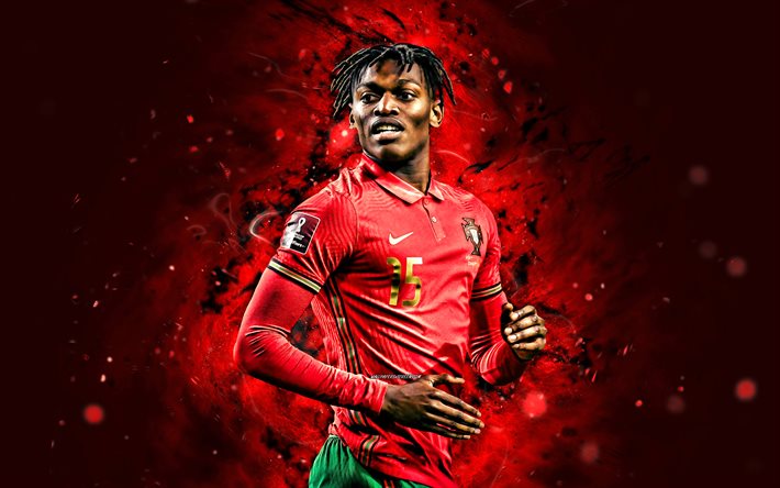 raphaël léao, 4k, néons rouges, équipe du portugal de football, football, footballeurs, fond abstrait rouge, équipe portugaise de football, raphaël leão 4k