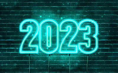 4k, feliz ano novo 2023, parede de tijolos turquesa, obra de arte, fios elétricos, conceitos de 2023, 2023 dígitos neon, 2023 feliz ano novo, arte neon, criativo, fundo turquesa 2023, 2023 ano, 2023 dígitos turquesa