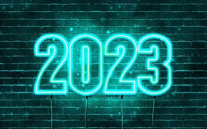 4k, 明けましておめでとうございます 2023, ターコイズブリックウォール, アートワーク, 電線, 2023年のコンセプト, 2023 ネオン数字, 2023年明けましておめでとうございます, ネオンアート, クリエイティブ, 2023 ターコイズ ブルーの背景, 2023年, 2023 ターコイズ数字