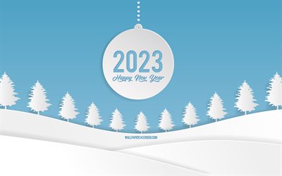bonne année 2023, 4k, fond de forêt d'hiver, concepts 2023, modèle d'hiver, modèle 2023, fond d'hiver bleu 2023, 2023 fond d'arbres blancs