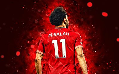 4k, Mohamed Salah, back view, Liverpool FC, red neon lights, Premier League, egyptian footballers, red abstract background, Mohamed Salah 4K, Mo Salah, soccer, LFC, football, Mohamed Salah Liverpool