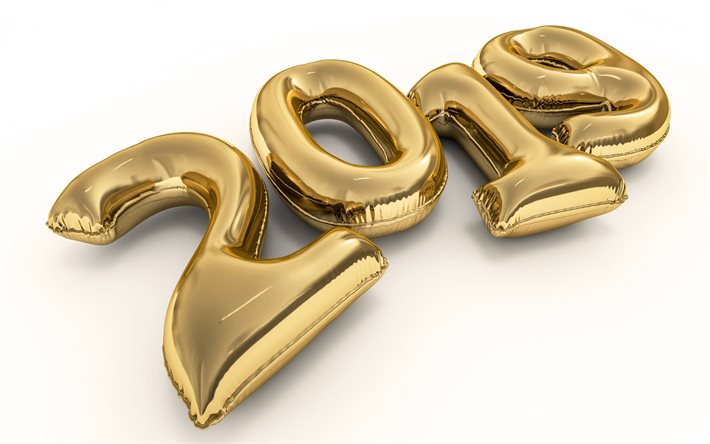 2019 gold ballon ziffern, glückliches neues jahr 2019, weißer hintergrund, 2019 goldenen luftballons, 2019 3d-kunst, 2019 konzepte, 2019 auf weißem hintergrund, jahr 2019-stellig