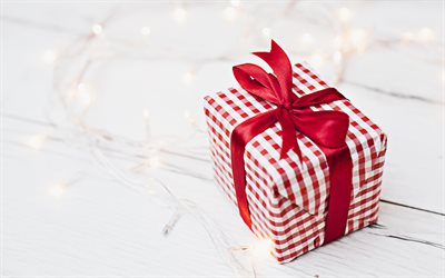 weihnachten, geschenk, neujahr, geschenk mit einer roten seide bogen, weiß, rot weihnachten hintergrund