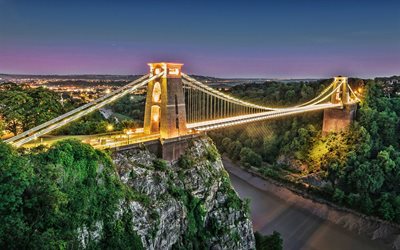 Le Pont suspendu de Clifton, de la Rivière Avon, Bristol, le soir, de beaux ponts, coucher de soleil, Angleterre, royaume-UNI