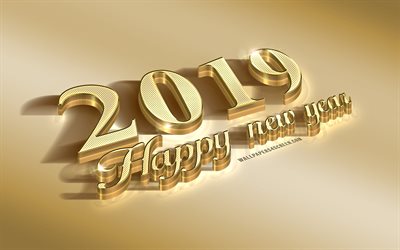Happy New Year, 2019 concepts, golden inscription, 2019 New Year, 2019 golden background, golden texture