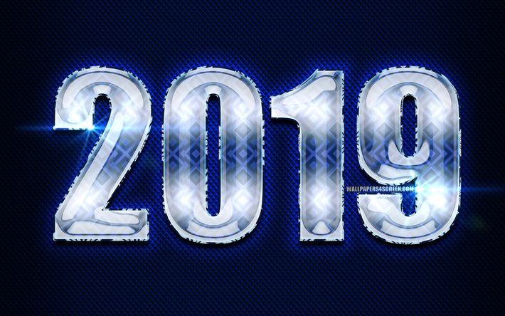 2019 nyår, glasbokstäver, kreativa siffror, 2019 blå bakgrund, gott nytt år, blått neonljus, 2019 glaskoncept