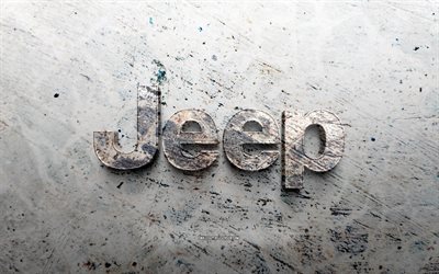 jeep taş logosu, 4k, taş arka plan, jeep 3d logosu, araba markaları, yaratıcı, cip logosu, grunge sanat, cip
