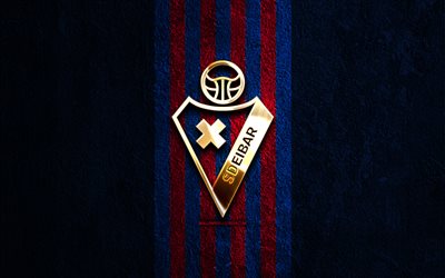 SD Eibar golden logo, 4k, blue stone background, La Liga 2, spanish soccer club, SD Eibar logo, soccer, SD Eibar emblem, LaLiga2, SD Eibar, football, Eibar FC