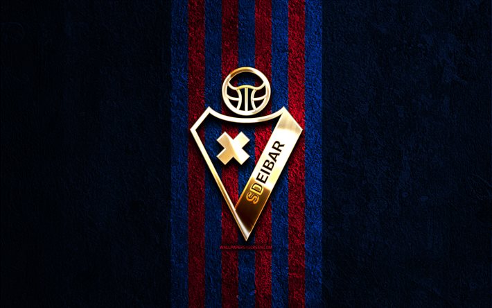 goldenes logo von sd eibar, 4k, hintergrund aus blauem stein, liga 2, spanischer fußballverein, sd eibar logo, fußball, sd eibar emblem, liga2, sd eibar, eibar fc