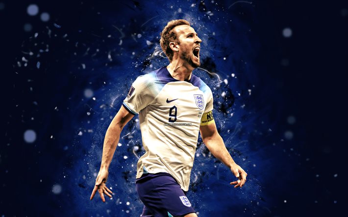 4k, ハリー・ケイン, カタール 2022, 青いネオン, サッカーイングランド代表, サッカー, サッカー選手, 青の抽象的な背景, イングランドのサッカーチーム, ハリー・ケイン 4k