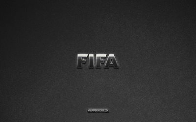 fifaのロゴ, ブランド, 灰色の石の背景, fifaエンブレム, 人気のロゴ, fifa, メタルサイン, fifa メタルロゴ, 石のテクスチャ