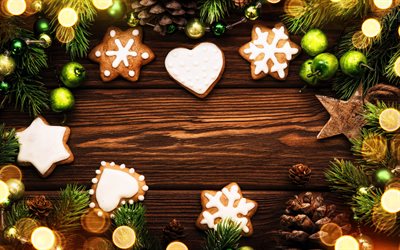 クリスマスフレーム, 4k, クリスマスクッキー, 茶色の木製の背景, クリスマスの飾り, クリスマス, メリークリスマス, あけましておめでとう
