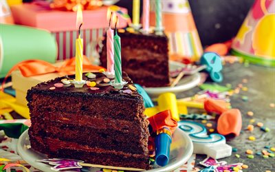 誕生日のチョコレートケーキ, 4k, 誕生日おめでとう, ろうそくのケーキ, ケーキと誕生日の背景, ろうそくを燃やす, ケーキ, 誕生日グリーティング カード