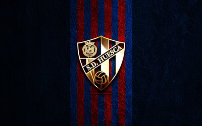 sd huesca gyllene logotyp, 4k, blå sten bakgrund, la liga 2, spansk fotbollsklubb, sd huesca logotyp, fotboll, sd huesca emblem, laliga2, sd huesca, huesca fc
