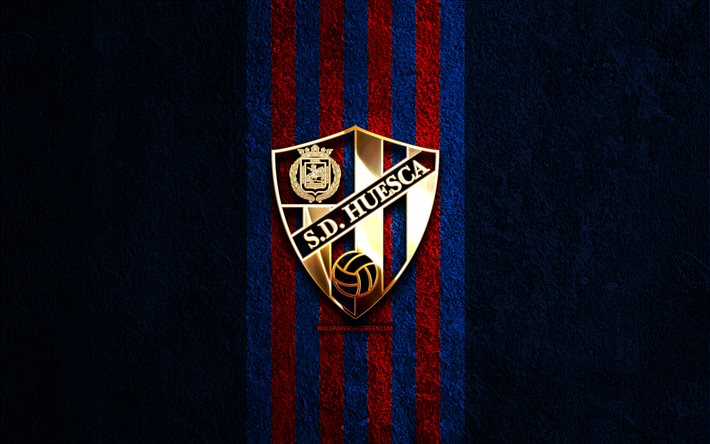goldenes logo von sd huesca, 4k, hintergrund aus blauem stein, liga 2, spanischer fußballverein, sd huesca logo, fußball, sd huesca emblem, liga2, sd huesca, huesca fc