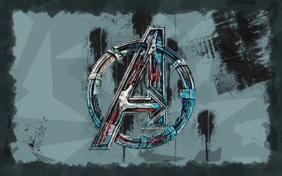 avengers grunge  logo, 4k, harmaa grunge tausta, luova, supersankareita, avengers abstrakti logo, grunge taidetta, avengers logo, taideteoksia, the avengers