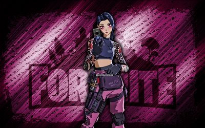 Negumi Fortnite, 4k, purple diagonal background, grunge art, Fortnite, artwork, Negumi Skin, Fortnite characters, Negumi, Fortnite Negumi Skin