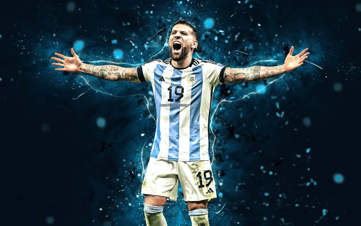 نيكولاس أوتاميندي, 4k, منتخب الأرجنتين لكرة القدم, أضواء النيون الزرقاء, كرة القدم, لاعبي كرة القدم, الأحمر، جرد، الخلفية, فريق كرة القدم الأرجنتيني, نيكولاس أوتاميندي 4k