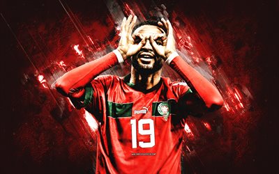 Youssef En-Nesyri, Morocco national football team, Qatar 2022, Moroccan football player, striker, portrait, red stone background, Morocco, football