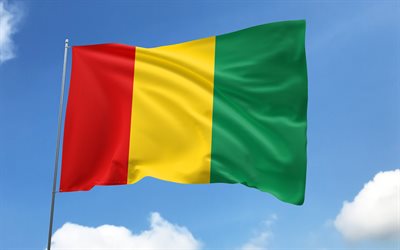 bandeira da guiné no mastro, 4k, países africanos, céu azul, bandeira da guiné, bandeiras de cetim onduladas, bandeira guineense, símbolos nacionais guineenses, mastro com bandeiras, dia da guiné, áfrica, guiné