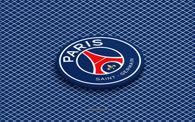 4k, PSG isometric logo, 3d art, Paris Saint-Germain, French football club, isometric art, PSG, blue background, Ligue 1, France, football, isometric emblem, PSG logo, Paris SG