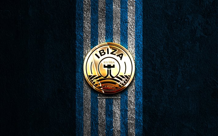 UD Ibiza golden logo, 4k, blue stone background, La Liga 2, spanish soccer club, UD Ibiza logo, soccer, UD Ibiza emblem, LaLiga2, UD Ibiza, football, Ibiza FC