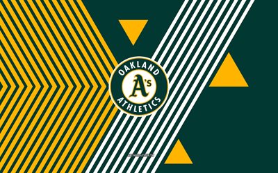 oakland athleticsin logo, 4k, amerikkalainen baseball joukkue, taustalla vihreät keltaiset viivat, oakland athletics, mlb, usa, viivapiirros, oakland athleticsin tunnus, baseball