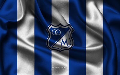 4k, logo del millonarios fc, tessuto di seta bianco blu, squadra di calcio colombiana, stemma del millonarios fc, categoria prima a, millonario fc, colombia, calcio, bandiera del millonarios fc