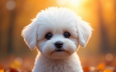bichon frise, 4k, autunno, bokeh, foresta, cani, museruola, simpatici animali, animali domestici, cane nella foresta, cane bichon frise