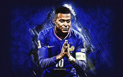 Kylian Mbappe, France national football team, goal celebration, blue stone background, grunge art, Nations League, France, french footballers, football, Kylian Mbappe France, national teams, Europe, FFF