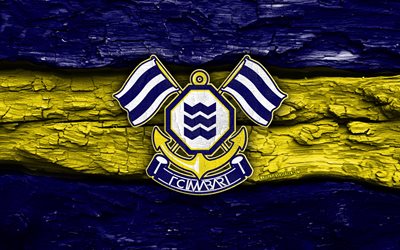 FC Imabari wooden logo, 4k, blue yellow wooden background, J2 League, soccer, FC Imabari logo, football, FC Imabari emblem, FC Imabari, japanese football club, Imabari FC