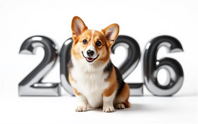 süßer kleiner corgi, 4k, 2026 frohes neues jahr, weißer hintergrund, konzepte für 2026, corgi, süße hunde, frohes neues jahr 2026, hunde, haustiere, grußkarte 2026