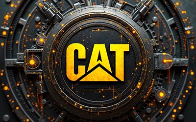 4k, Caterpillar metal logo, bokeh, yellow glare, metal mechanical backgrounds, CaT, manufacturer brands, Caterpillar 3D logo, creative, CaT logo, Caterpillar logo, Caterpillar