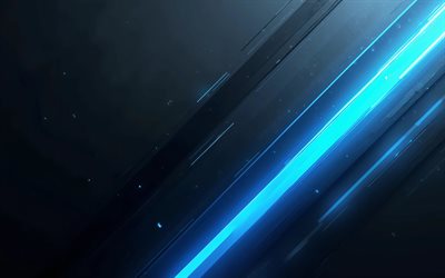4k, blue black abstract background, artwork, material design, blue neon lights, geometry, abstract backgrounds, geometrical backgrounds, abstractions, blue hi-tech backgrounds