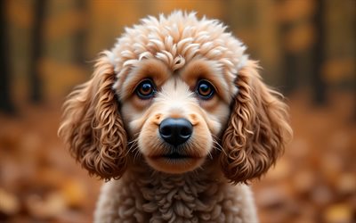 पूडल, 4k, शरद ऋतु, bokeh, जंगल, कुत्ते, थूथन, प्यारे जानवर, पालतू जानवर, जंगल में कुत्ता, पूडल कुत्ता