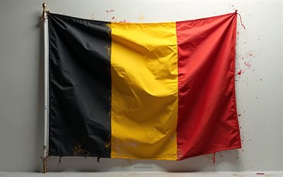 Belgian flag on a flagpole, 4k, stone wall, silk texture, Belgian flag, Belgium, flag of Belgium, Europe, Belgium flag