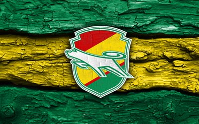 logo en bois jef united chiba, 4k, fond en bois jaune vert, ligue j2, football, logo jef united chiba, emblème jef united chiba, jef united chiba, club de football japonais, jef united chiba fc