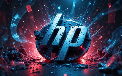 شعار الجرونج ثلاثي الأبعاد لشركة hewlett packard, 4k, خلفية الجرونج, الصخور, شعار شركة هيوليت باكارد, شعار هيوليت باكارد, شعار اتش بي, hp