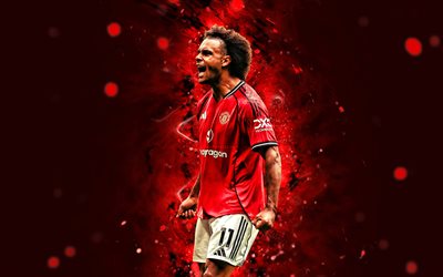 Joshua Zirkzee, 4k, joy, red neon lights, Manchester United FC, Premier League, Dutch footballers, red abstract background, Joshua Zirkzee 4K, football, soccer, Joshua Zirkzee Manchester United, Man United