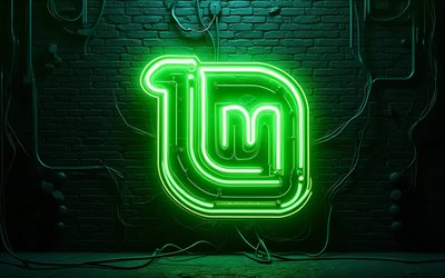Linux Mint green neon logo, 4k, darkness, wires, creative, green brickwall background, brands, Linux Mint neon logo, artwork, OS logo, pipes, Linux Mint logo, Linux Mint 3D logo, Linux Mint