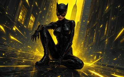 Catwoman, 4k, street, yellow glare, superheroes, Marvel Comics, nighscape, Catwoman 3D, artwork, Catwoman art, fan art, Catwoman 4K