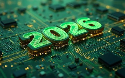 2026 Happy New Year, 4k, green 2026 glowing numbers, 2026 concepts, 2026 digital technologies, Happy New Year 2026, 2026 greeting card