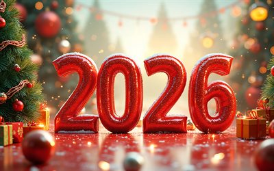 4k, 2026 dígitos rojos 3d, bokeh, decoraciones navideñas, feliz año nuevo, 2026 conceptos, 2026 dígitos 3d, inscripción 2026, 2026 dígitos rojos, 2026 año nuevo, 2026 arte