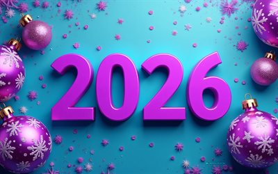 2026 새해 복 많이 받으세요, 파란색 배경, 2026 보라색 3d 숫자, 2026 보라색 인사말 카드, 2026년 새해 복 많이 받으세요, 미술, 2026 컨셉, 2026년 새해