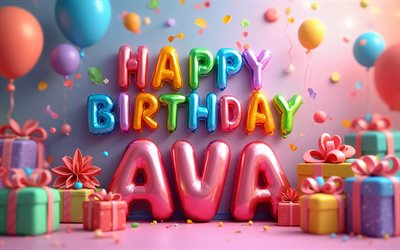 4k, ava'nın doğum günü, renkli balonlar harfler, pembe arka plan, ava adı, renkli hediye kutuları, 3 boyutlu balonlar, popüler amerikan kadın isimleri, renkli balonlar, doğum günün kutlu olsun ava, ava adını taşıyan resim, ava