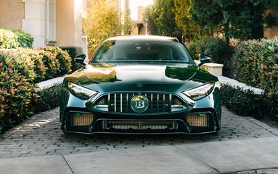 ब्रैबस रॉकेट जीटीएस मीन ग्रीन, 4k, सामने का दृश्य, 2025 कारें, ट्यूनिंग, मर्सिडीज एएमजी एसएल, अंधेरा, आर232, 2025 मर्सिडीज एएमजी एसएल, brabus, जर्मन कारें, मर्सिडीज