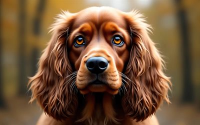 cocker spaniel inglés, 4k, otoño, bokeh, bosque, perros, bozal, animales lindos, mascotas, perro en el bosque, perro cocker spaniel inglés