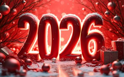 4k, 2026 dígitos rojos 3d, bokeh, resplandor rojo, adornos navideños rojos, feliz año nuevo, 2026 conceptos, 2026 dígitos 3d, fondo rojo, inscripción 2026, 2026 dígitos rojos, 2026 año nuevo, 2026 arte